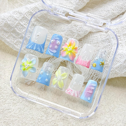 RIICFDD 3D Flower Blue Gradient Press On Nails – Shiny White Pearl Design, Pink Gradient with Gold Shell & Starfish (10 Pcs, Size M)