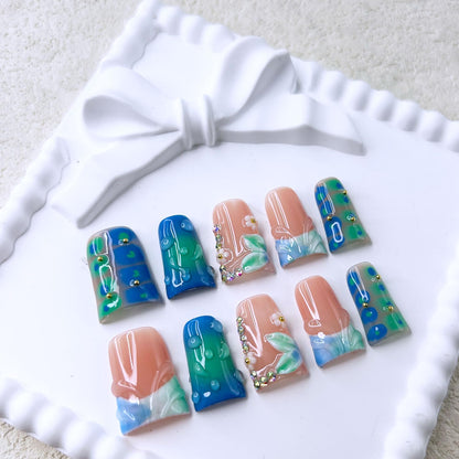 RIICFDD Handmade Duck Press on Nails – Medium 3D Flower Rhinestones Full Cover Kit (10 Nails)