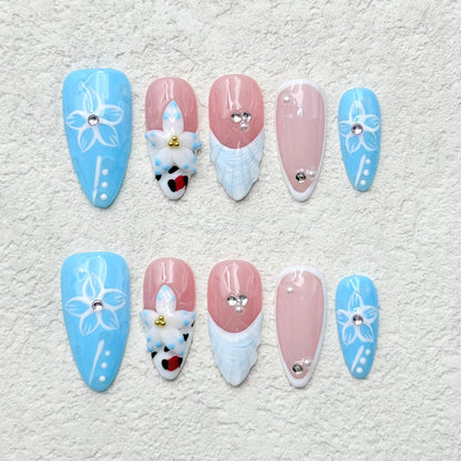 RIICFDD 10 Pcs Blue French Almond Press-On Nails – 5D Flower Art, Reusable Thick Gel Nails (Size S)