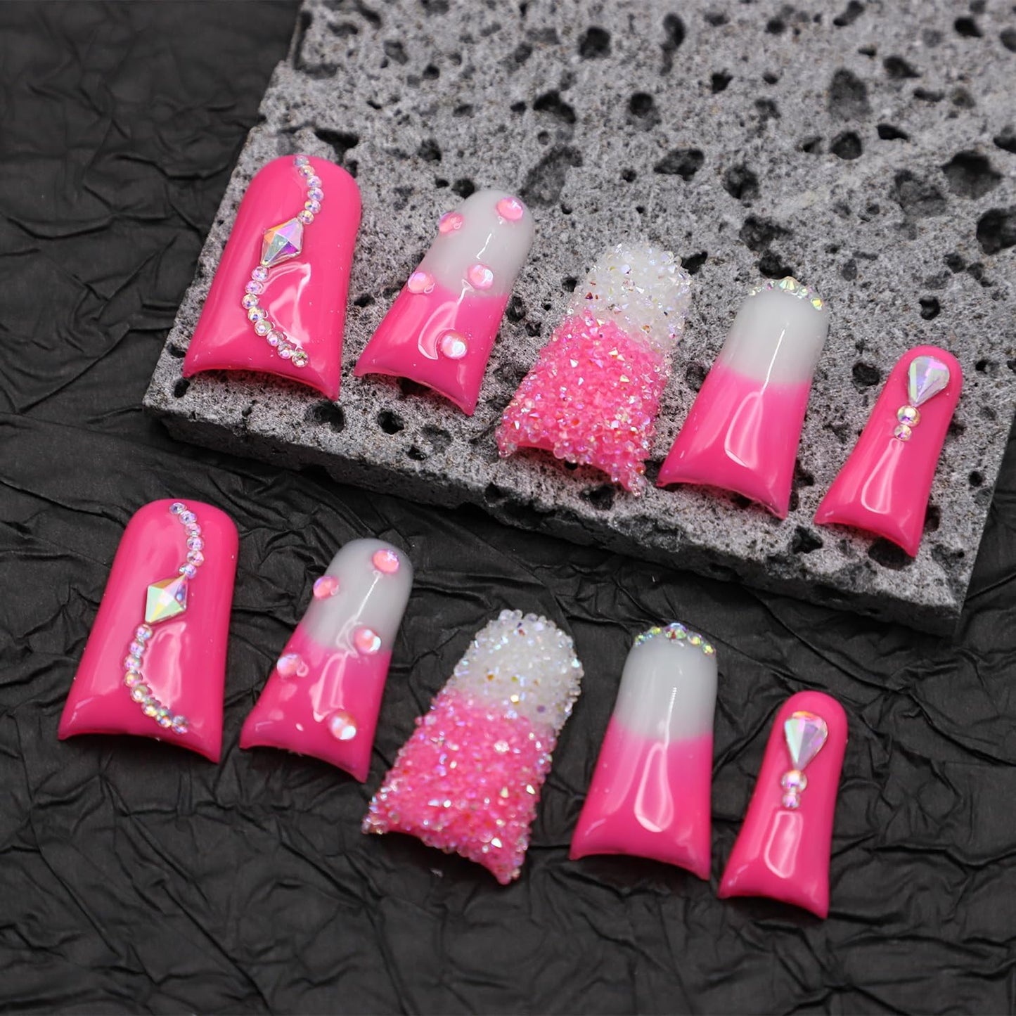 RIICFDD Handmade Press-On Nails – Long Duck Nails, Rose Pink Rhinestones, Reusable Acrylic (Size M)