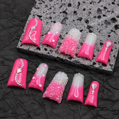 RIICFDD Handmade Press-On Nails – Long Duck Nails, Rose Pink Rhinestones, Reusable Acrylic (Size M)