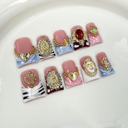 RIICFDD 10 Pcs Duck Press-On Nails Sea Waves Pink French Tip – 3D Golden Heart, Reusable Acrylic Kit