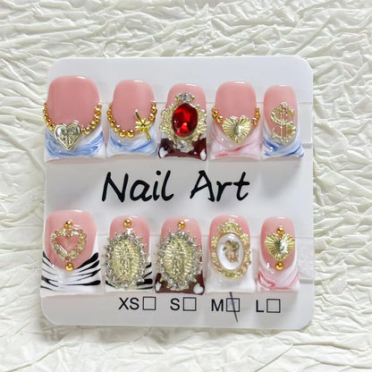 RIICFDD 10 Pcs Duck Press-On Nails Sea Waves Pink French Tip – 3D Golden Heart, Reusable Acrylic Kit