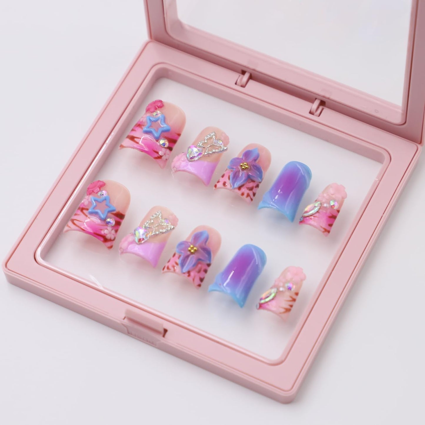 RIICFDD Thick Press On Nails – Medium Duck Nails with 3D Flower Art, Gems, Reusable Acrylic