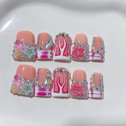 RIICFDD 10 Pcs Thick Press-On Nails – Nude Pink Glossy, Reusable with Glue (Size M)