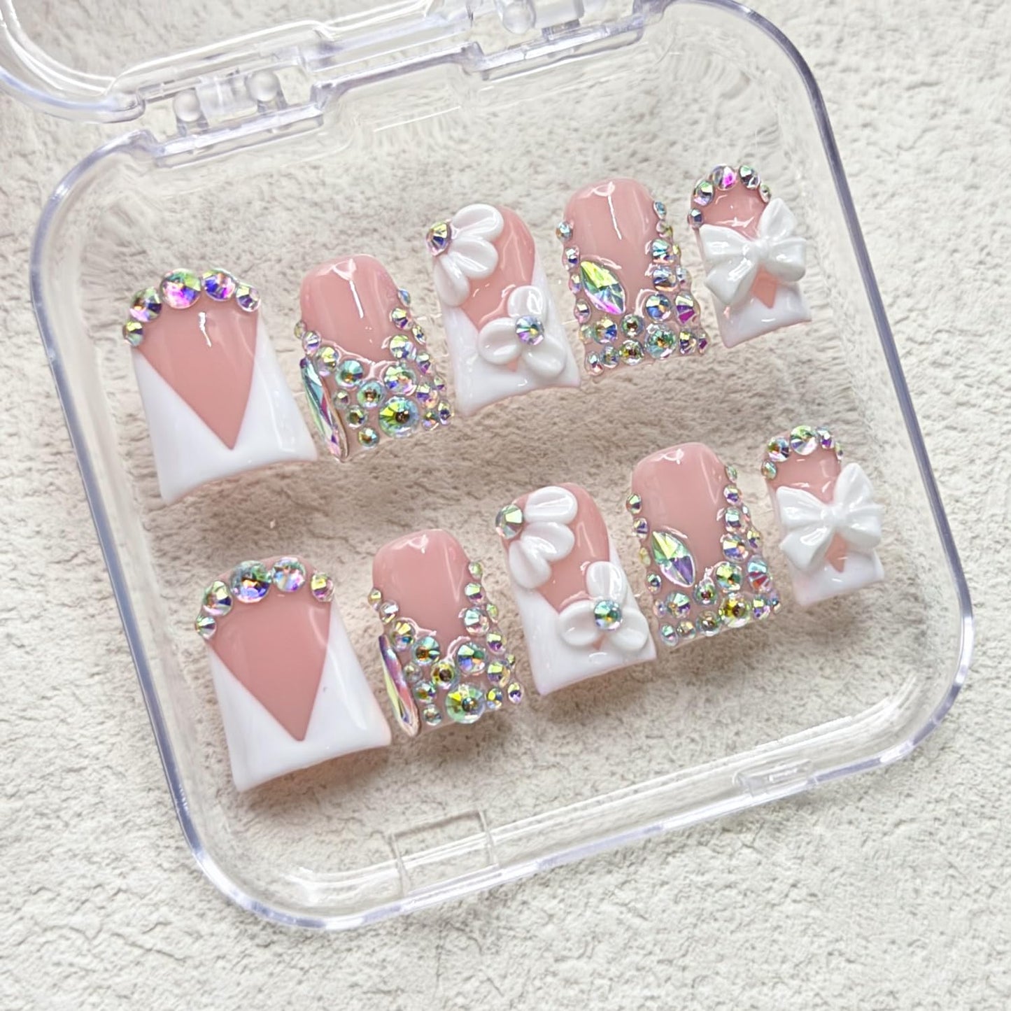 RIICFDD Luxury Rhinestone Medium Duck Press-On Nails – Nude 5D Flower Art & White French