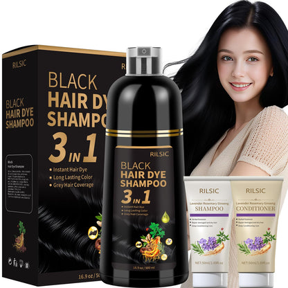 RILSIC Black Hair Dye Shampoo 3 in 1 – Ammonia-Free Grey Coverage in Minutes (600ML)