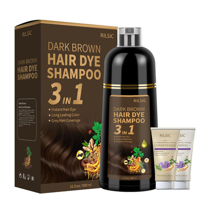 RILSIC Dark Brown Hair Dye Shampoo 3-in-1 for Grey Coverage – Ammonia-Free Herbal Color, 600ML