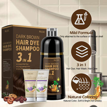 RILSIC Dark Brown Hair Dye Shampoo 3-in-1 for Grey Coverage – Ammonia-Free Herbal Color, 600ML