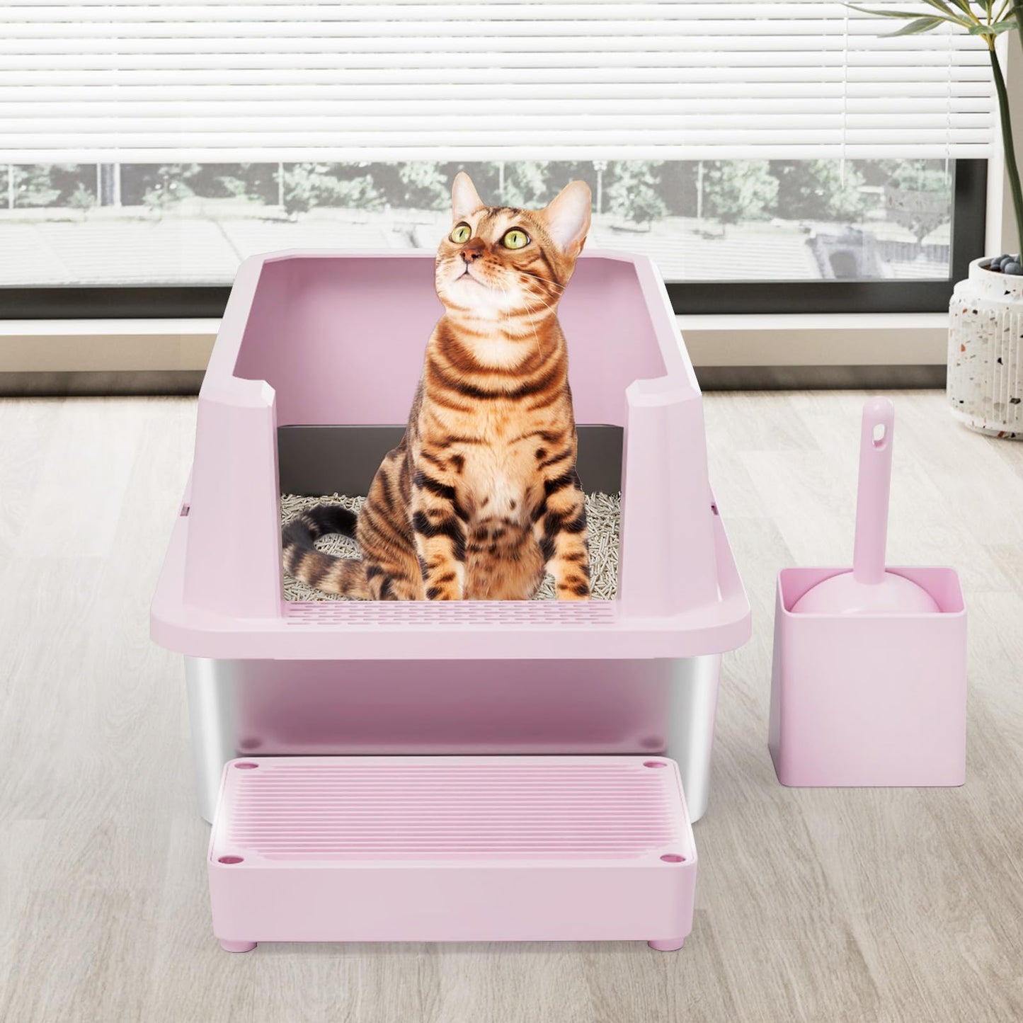 RIZZARI Large Cat Litter Box | Pink Semi-Closed Stainless Steel, High Edges, Teflon Non-Stick, Anti-Leakage