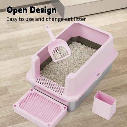RIZZARI Large Cat Litter Box | Pink Semi-Closed Stainless Steel, High Edges, Teflon Non-Stick, Anti-Leakage