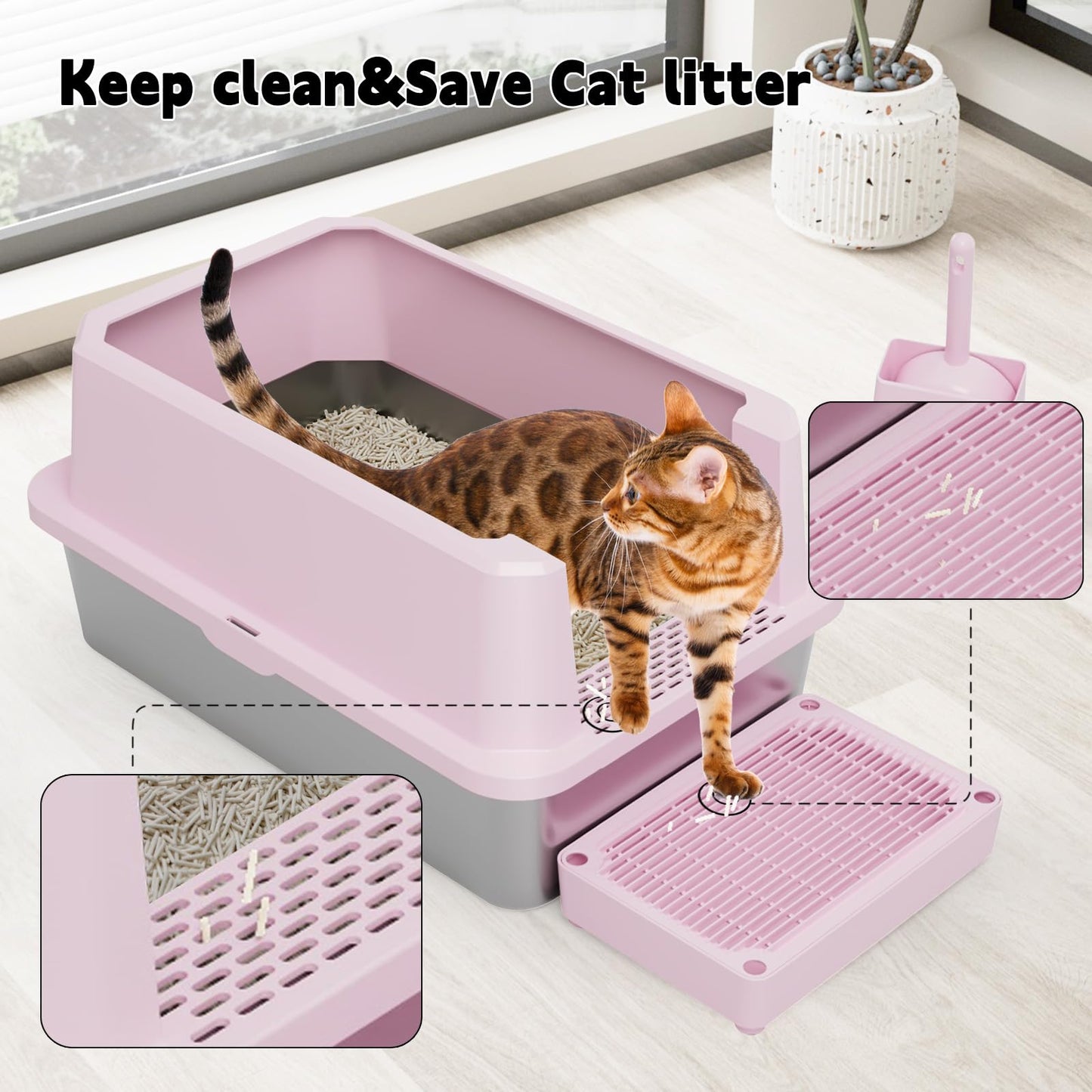 RIZZARI Large Cat Litter Box | Pink Semi-Closed Stainless Steel, High Edges, Teflon Non-Stick, Anti-Leakage