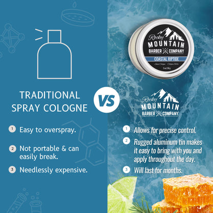 Rocky Mountain Barber Company Solid Cologne for Men – Coastal Riptide, 2 oz – Coconut Oil & Shea Butter