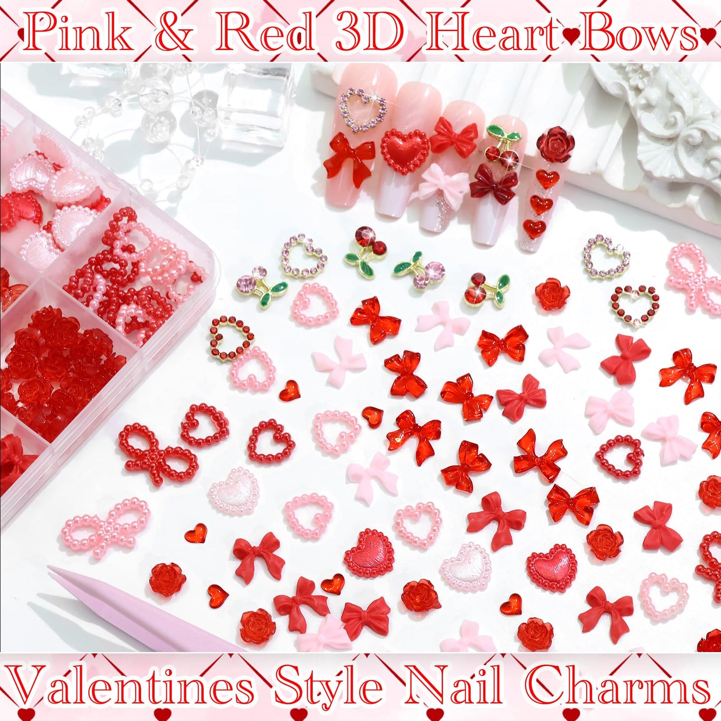 RODAKY Bow Nail Charms Pink Red Heart – 3D Cherry Nail Art Gems