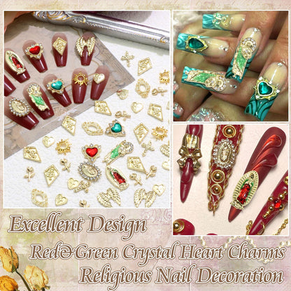 Rodaky 60pcs Gold Nail Charms – Virgin Mary, 3D Heart, Cross & Rose Nail Art