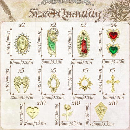 Rodaky 60pcs Gold Nail Charms – Virgin Mary, 3D Heart, Cross & Rose Nail Art