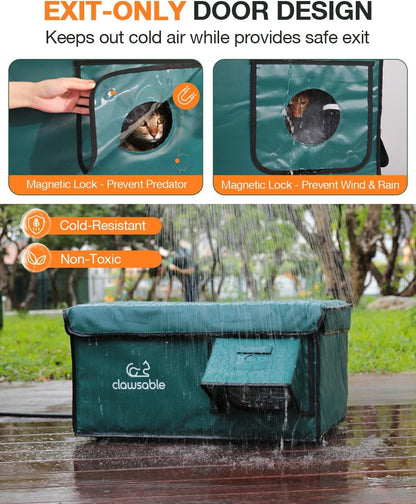 Rolimate Indestructible Heated Cat House – Weatherproof Outdoor Shelter with Escape Door (Forest Green, 26x17x14)