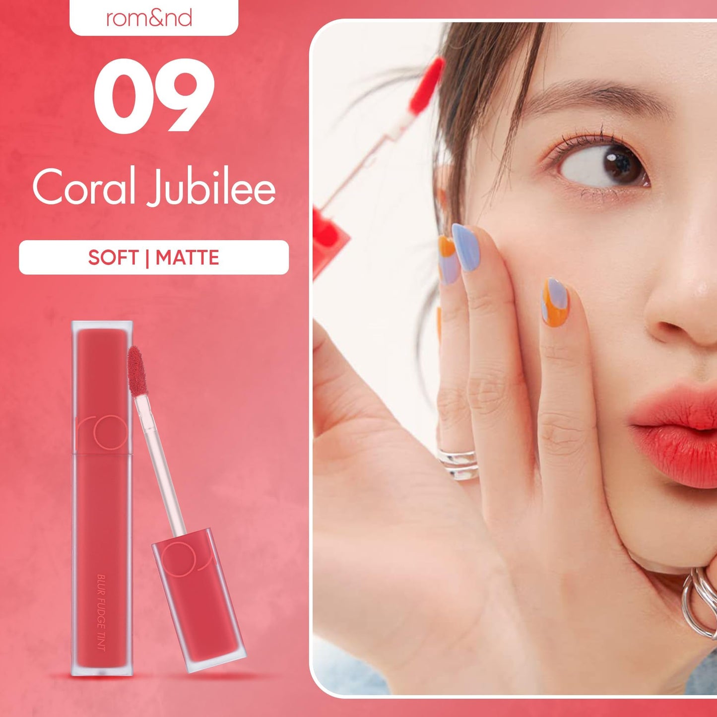 rom&nd Blur Fudge Tint 09 Coral Jubilee — K-Beauty Velvety Matte Lip Stain for All Skin Tones
