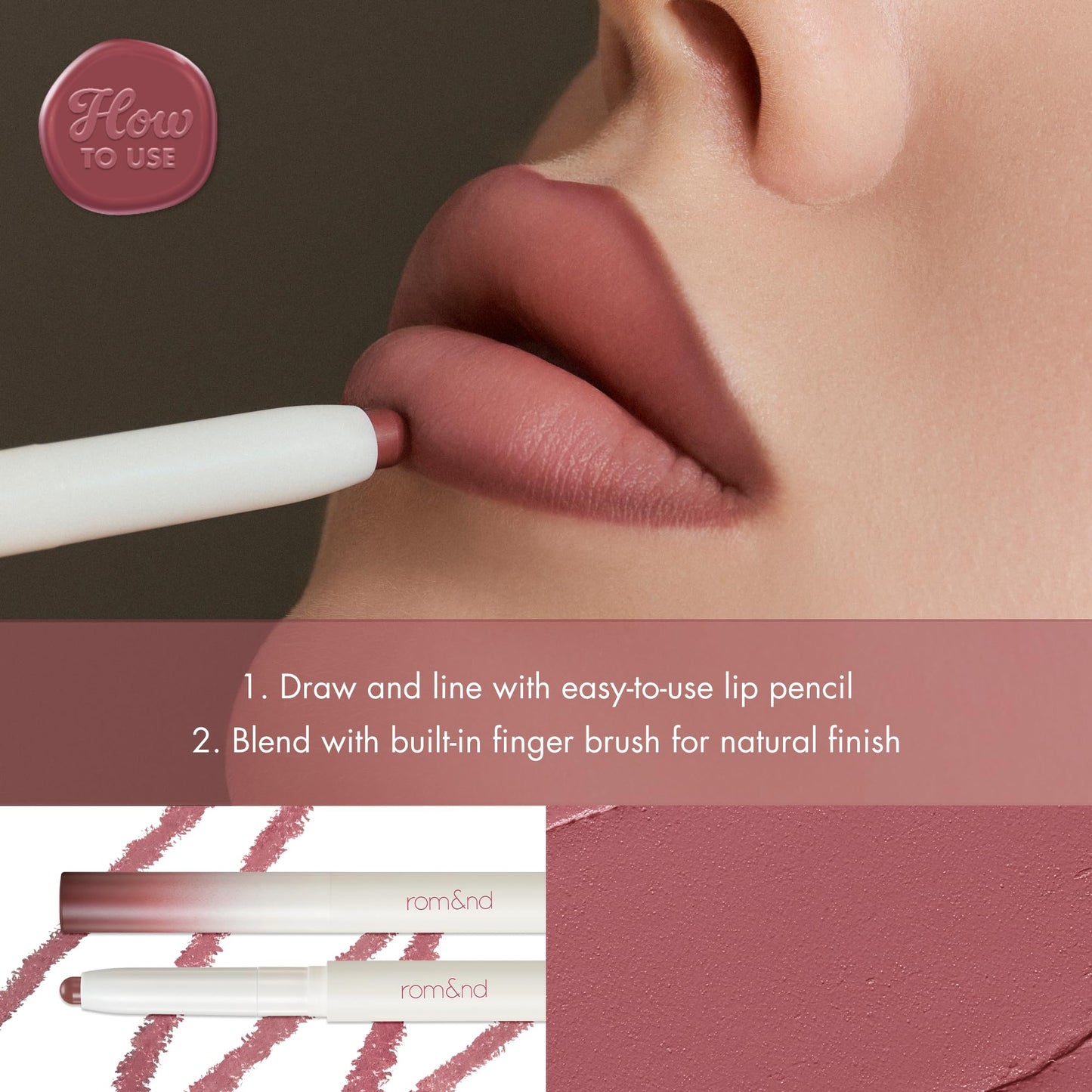 rom&nd Lip Mate Pencil 07 Fig Spread — Precision Lip Liner with Built-in Blending Brush