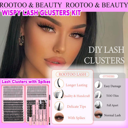 Rootoo Lash Clusters Kit with Spikes 100D/120D, 12–22mm D Curl Fluffy Wispy Extensions