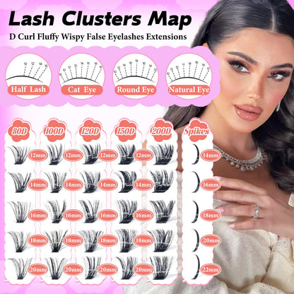 Rootoo Lash Clusters Kit with Spikes – 120D+120D Eyelash Clusters (D Curl, 12–22mm) | Fluffy Wispy DIY Manga Lashes
