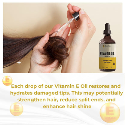 RootsGro Vitamin E Oil 75,000 IU – Lightweight, Fast-Absorbing Oil for Face, Skin, Hair & Nails – 4 fl oz with Dropper