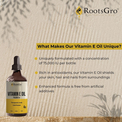 RootsGro Vitamin E Oil 75,000 IU – Lightweight, Fast-Absorbing Oil for Face, Skin, Hair & Nails – 4 fl oz with Dropper