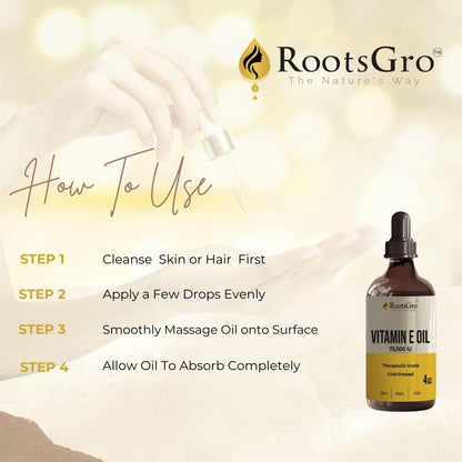 RootsGro Vitamin E Oil 75,000 IU – Lightweight, Fast-Absorbing Oil for Face, Skin, Hair & Nails – 4 fl oz with Dropper