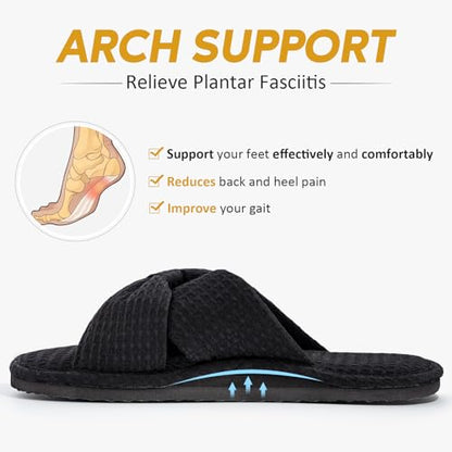 ROPULP Women’s Arch-Support House Slippers – Crossbands, Waffle Knit, Black, Size 10