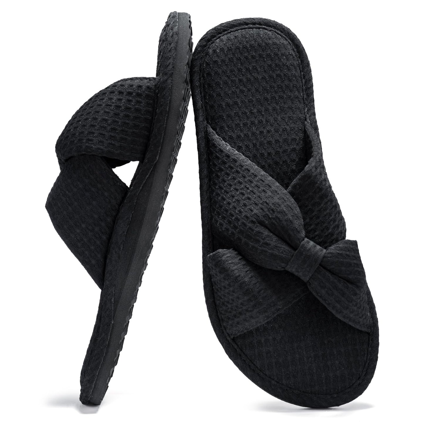 ROPULP House Slippers for Women with Arch Support – Black, Size 6 | Waffle Knit Crossband Slides