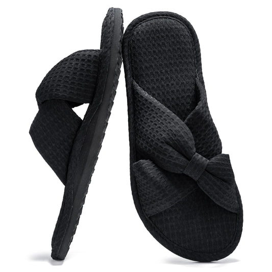 ROPULP House Slippers for Women with Arch Support – Black, Size 6 | Waffle Knit Crossband Slides