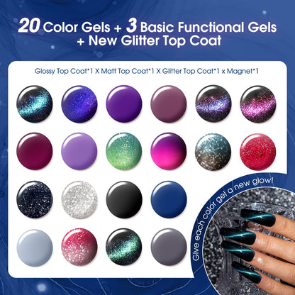 ROSALIND 24pcs Cat Eye Gel Nail Polish Set with Glitter Glossy & Matte Top Coats