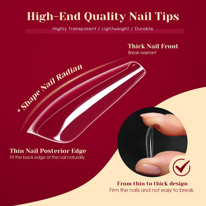 ROSALIND 264Pcs Long Coffin Clear Nail Tips – Full-Cover Press-On Nails with 12 Sizes