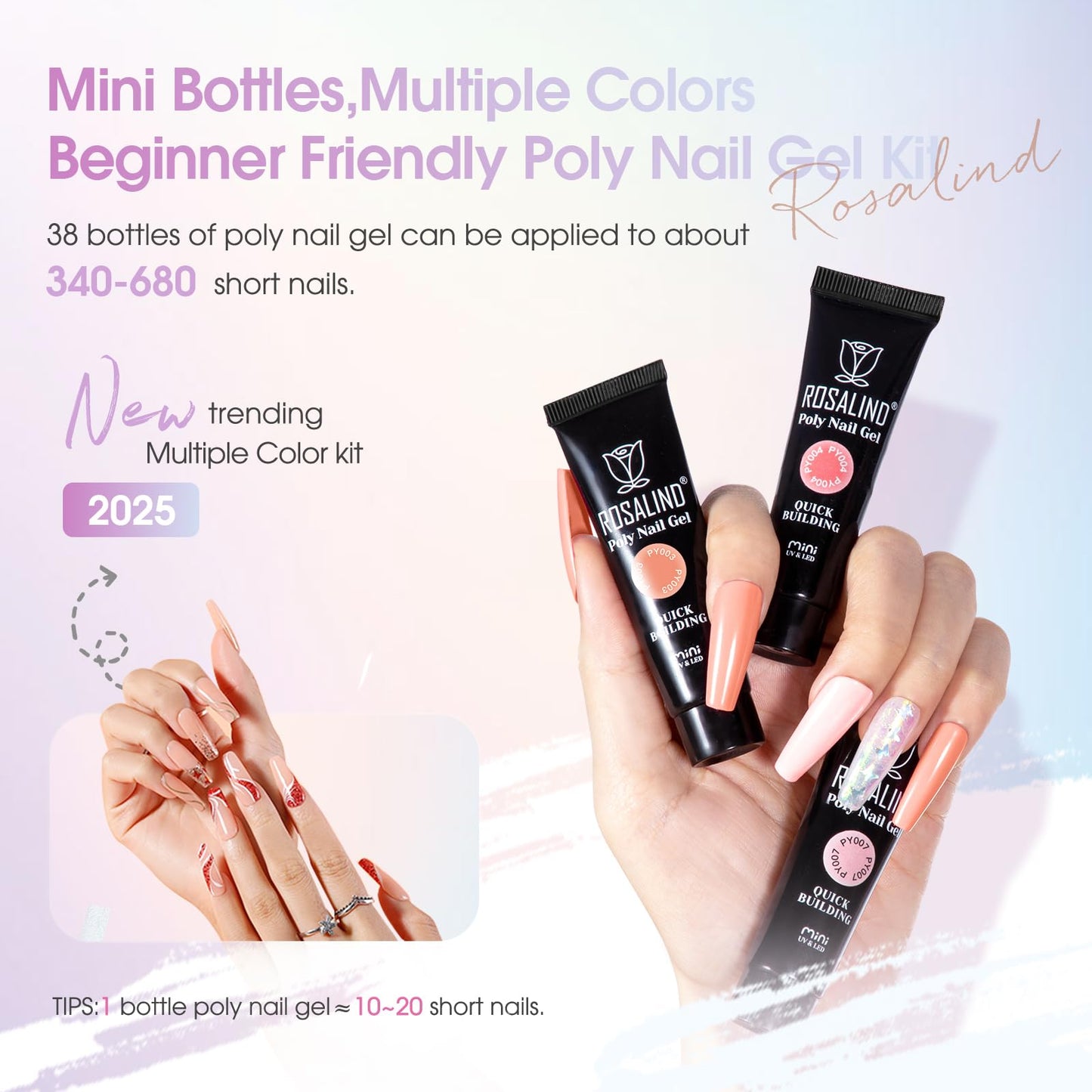ROSALIND Poly Nail Gel Kit – 38 Classic Colors + 72 Nail Art Accessories | Mini UV Lamp Starter Kit