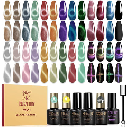 ROSALIND Cat Eye Gel Nail Polish Set – 26 Colors + Base Coat, Matte/Glossy Top Coats, Magnet, Nail Primer