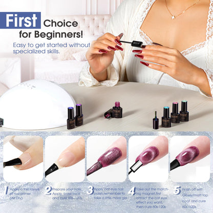 ROSALIND Cat Eye Gel Nail Polish Set – 26 Colors + Base Coat, Matte/Glossy Top Coats, Magnet, Nail Primer