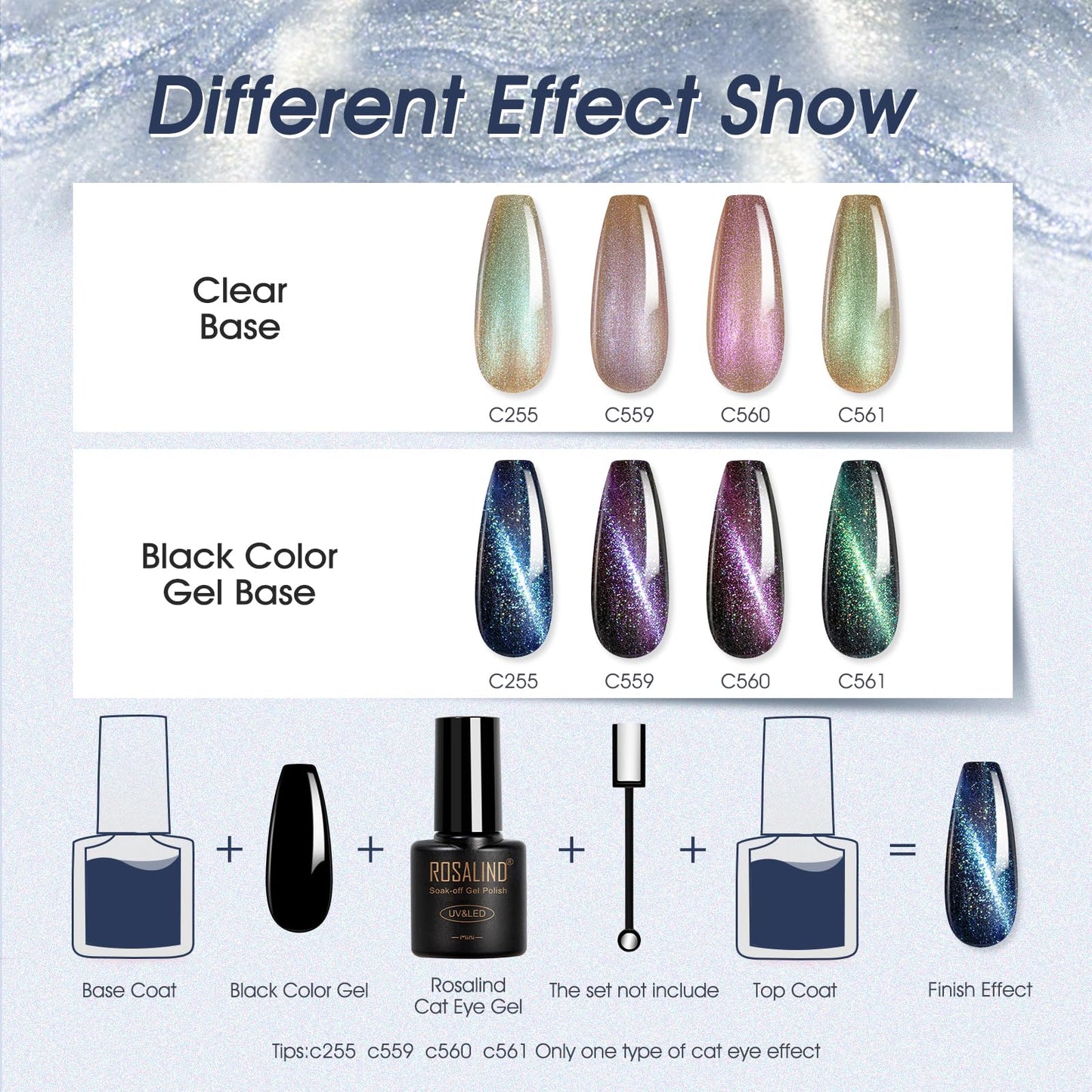 ROSALIND 24pcs Cat Eye Gel Nail Polish Set with Glitter Glossy & Matte Top Coats
