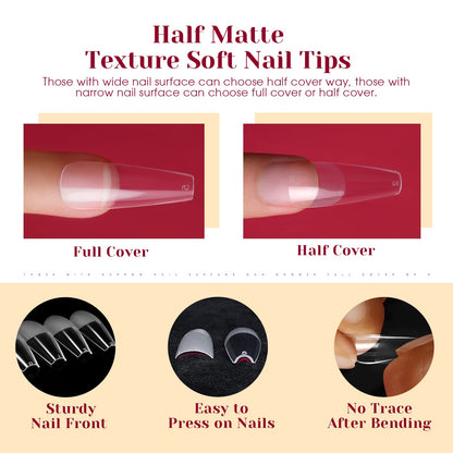 ROSALIND 264Pcs Half Matte Long Coffin Nail Tips – Soft Full Cover PMMA, 12 Sizes