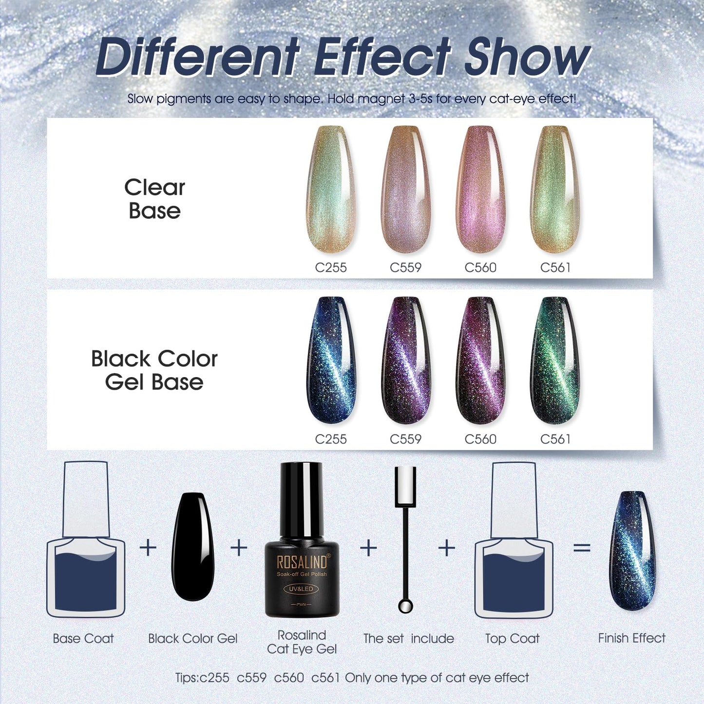 ROSALIND Cat Eye Gel Nail Polish with Magnet – 12 Mini Colors & Effects