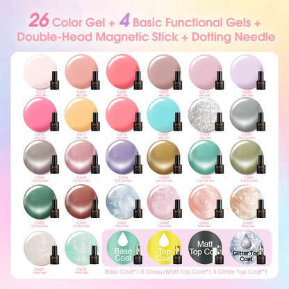ROSALIND 30pcs Jelly Cat Eye Pearl Gel Polish Set – 26 Colors + Magnet