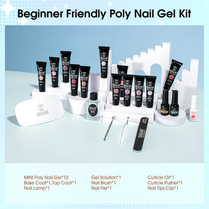 ROSALIND Pink Poly Nail Gel Kit – 12 Colors + Mini UV Lamp Starter Set