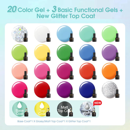 ROSALIND 24Pcs Neon Gel Nail Polish Set with Base & Top Coats – LED Soak-Off Kit for Rainbow Nail Art