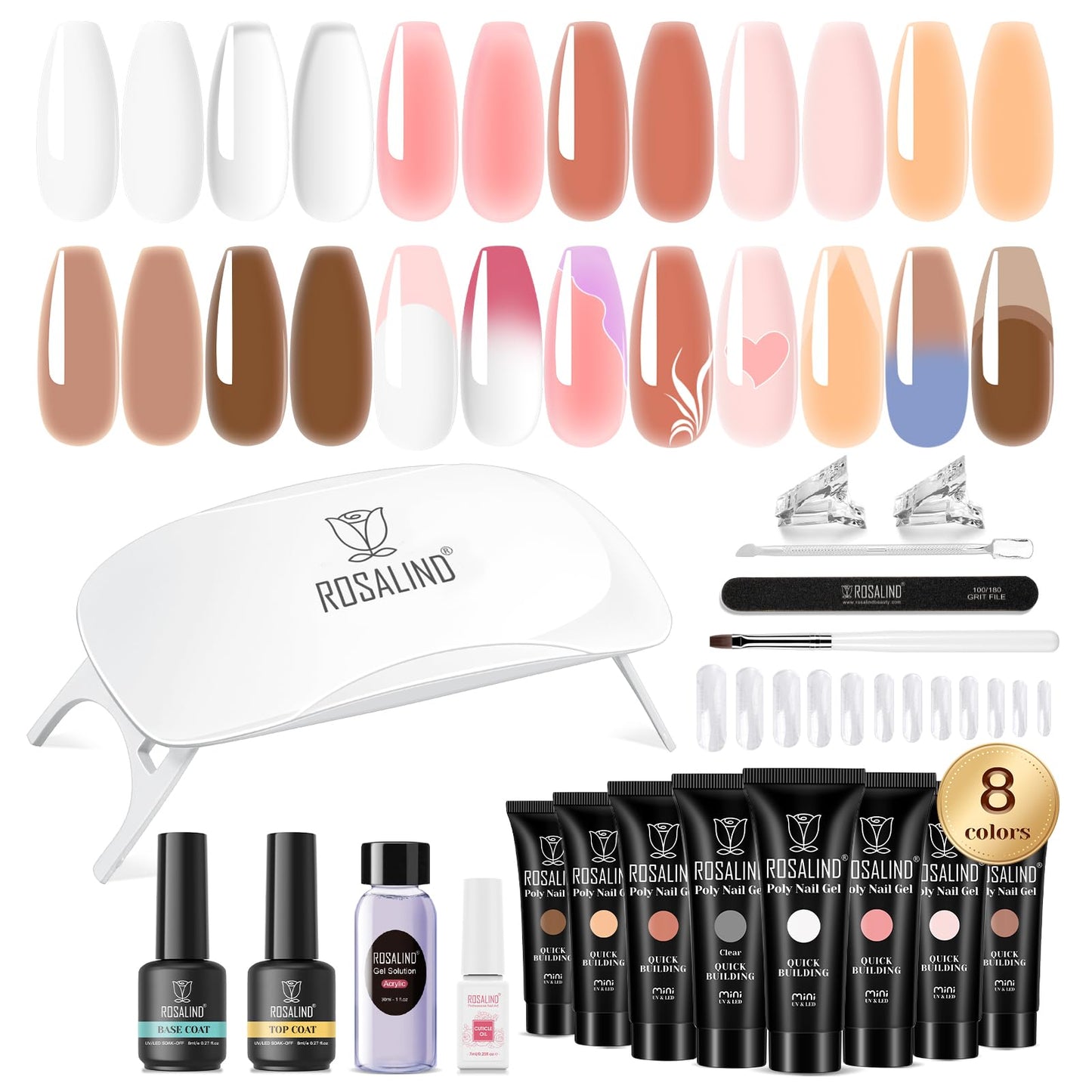 ROSALIND Poly Nail Gel Kit – 8 Colors + Mini UV Lamp for Easy At-Home Nail Extensions