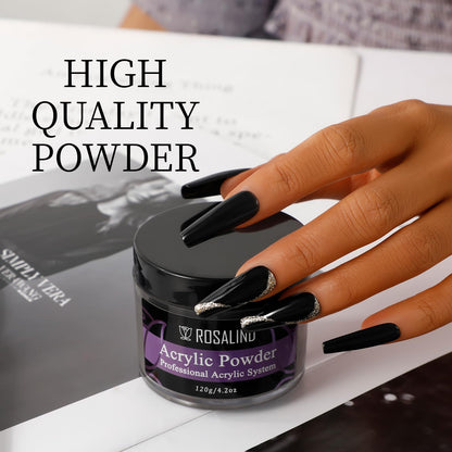 ROSALIND 120g Black Acrylic Powder for Nail Extensions – Dry Naturally, No Lamp Needed, Up to 28 Days Wear