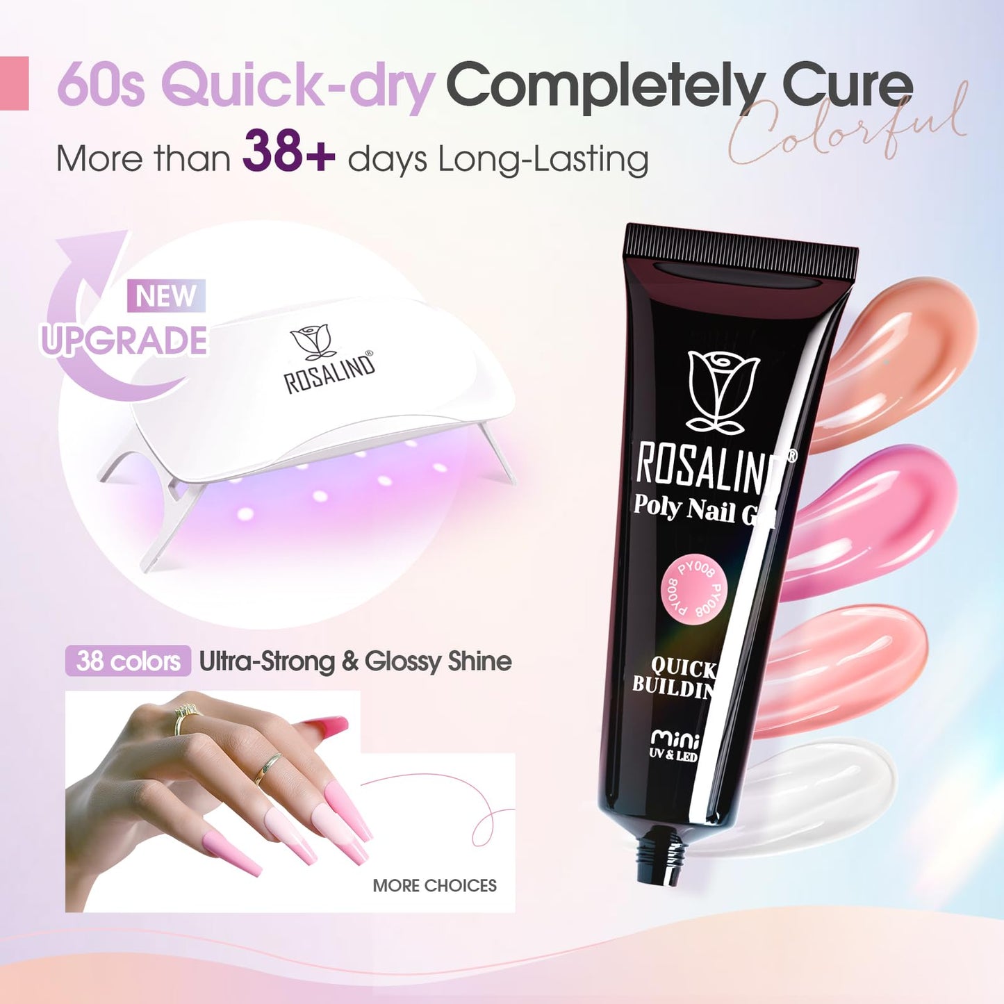 ROSALIND Poly Nail Gel Kit – 38 Classic Colors + 72 Nail Art Accessories | Mini UV Lamp Starter Kit