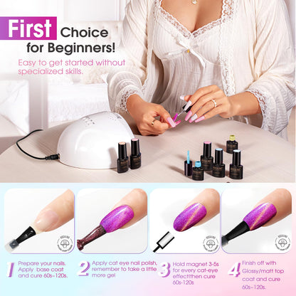 ROSALIND Gold Glitter Cat Eye Gel Polish – 8 Magnetic Colors with Magnet, Soak Off UV Gels