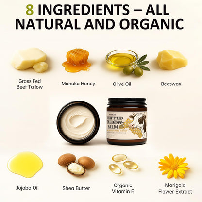 Roseblem Whipped Tallow Balm for Face & Body – 100% Grass-Fed Tallow, Manuka Honey & Beeswax (4.2 oz)