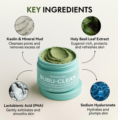 Roseblem Holy Basil Bubble Deep Mask – Carbonated Clay for Pore Cleansing & Oil Balance (3.53 oz)