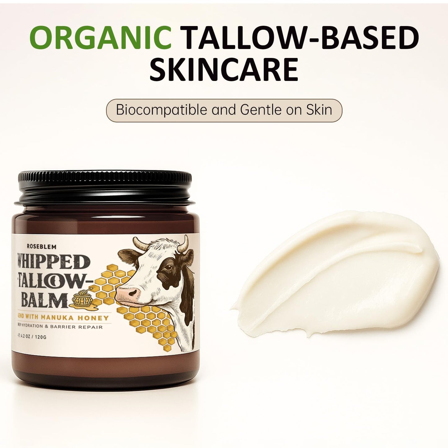 Roseblem Whipped Tallow Balm for Face & Body – 100% Grass-Fed Tallow, Manuka Honey & Beeswax (4.2 oz)