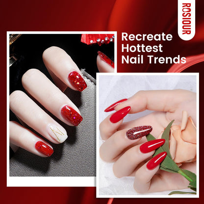 Rosiour HEMA/TPO-Free Fall Winter Gel Nail Polish Set – 24 × 18ml Red Cat Eye & Burgundy Glitter with Matte & Glossy Base, Primer & Blooming Builder